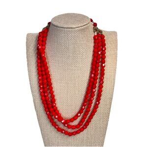 Vintage Laguna Red Gold Beads Glass Triple Strand Necklace 16" Long (#B6)